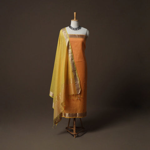 Orange - 2pc Handloom Maheshwari Silk Unstitched Dress Material Kurta Set with Zari Border 09