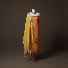 Orange - 2pc Handloom Maheshwari Silk Unstitched Dress Material Kurta Set with Zari Border 09
