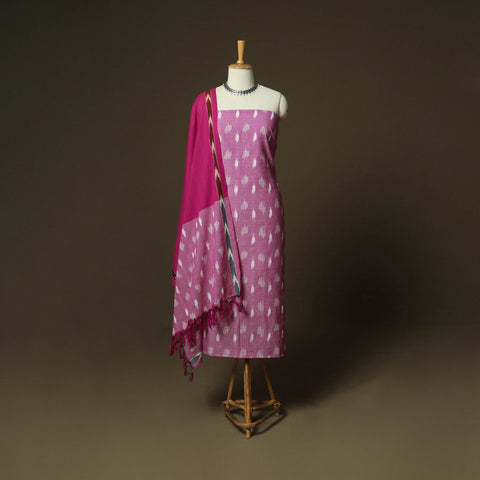 Pink - Pochampally Ikat Weave 3pc Cotton Unstitched Dress Material Suit Set 25