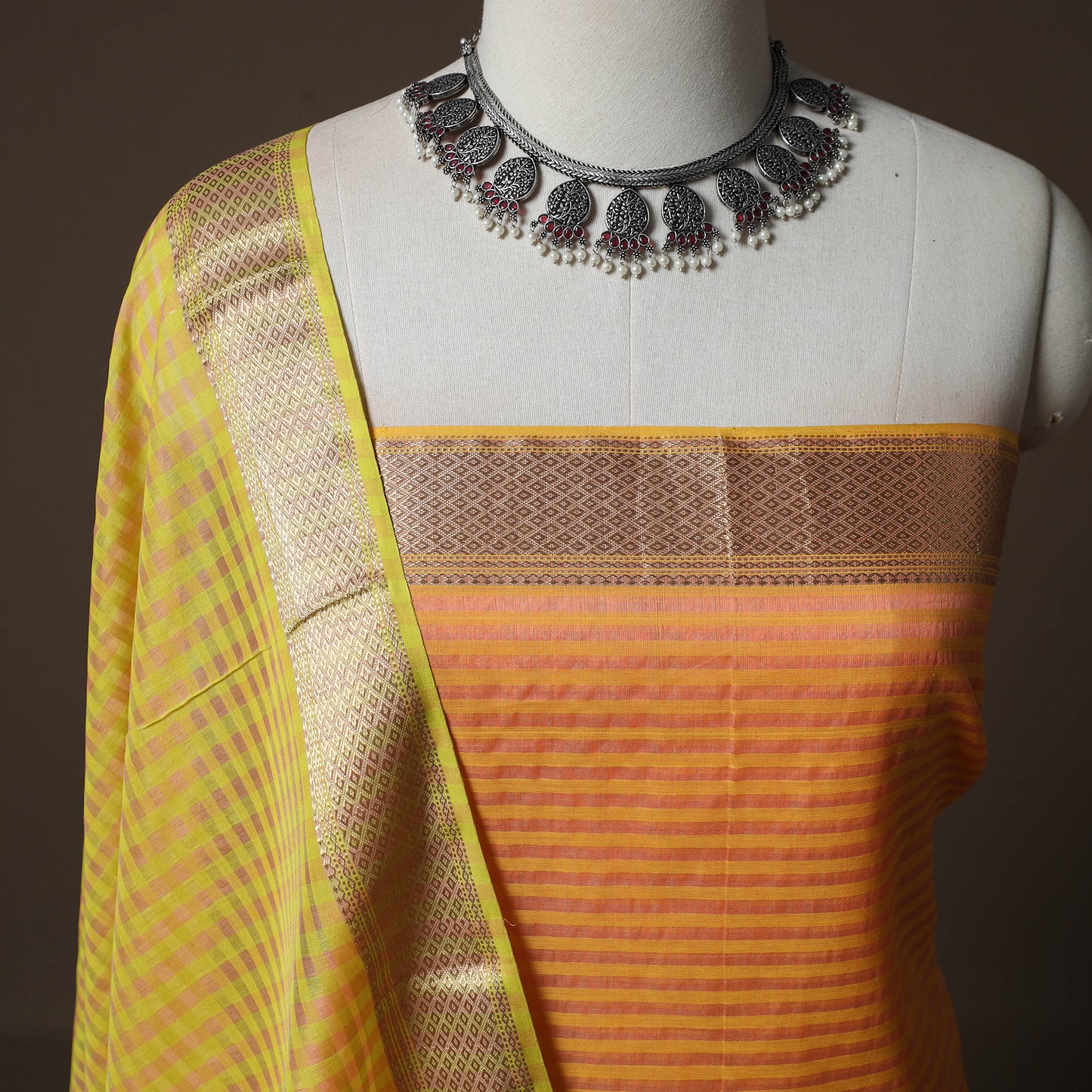 Orange - 2pc Handloom Maheshwari Silk Unstitched Dress Material Kurta Set with Zari Border 09
