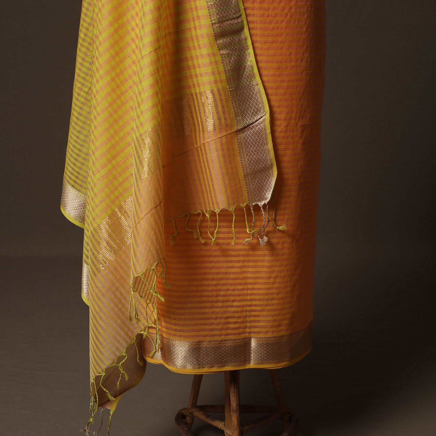 Orange - 2pc Handloom Maheshwari Silk Unstitched Dress Material Kurta Set with Zari Border 09