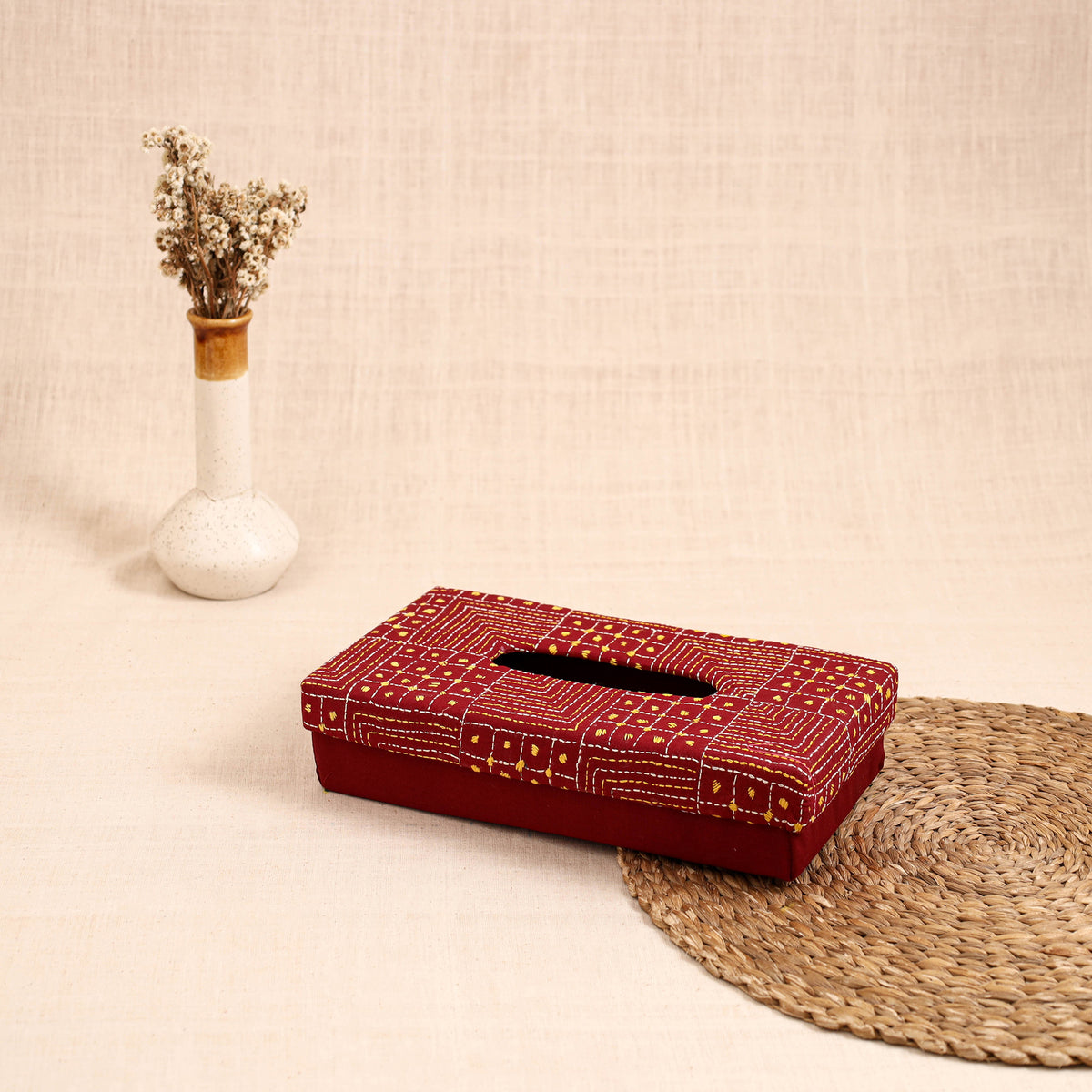 Red - handcrafted bengal kantha work tissue box 28