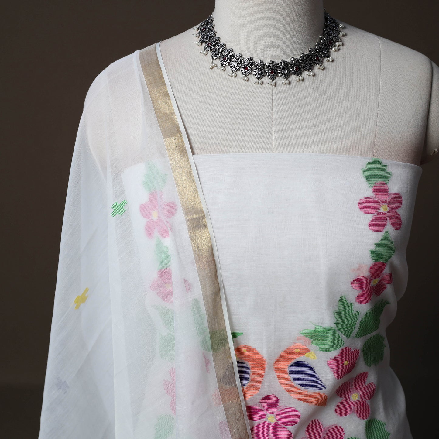 Handwoven Phulia Jamdani Muslin Silk 2pc Unstitched Dress Material Kurta Set 53