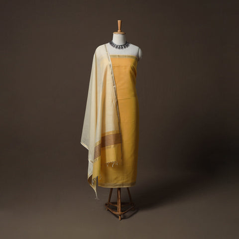 Yellow - 2pc Handloom Maheshwari Silk Unstitched Dress Material Kurta Set 10