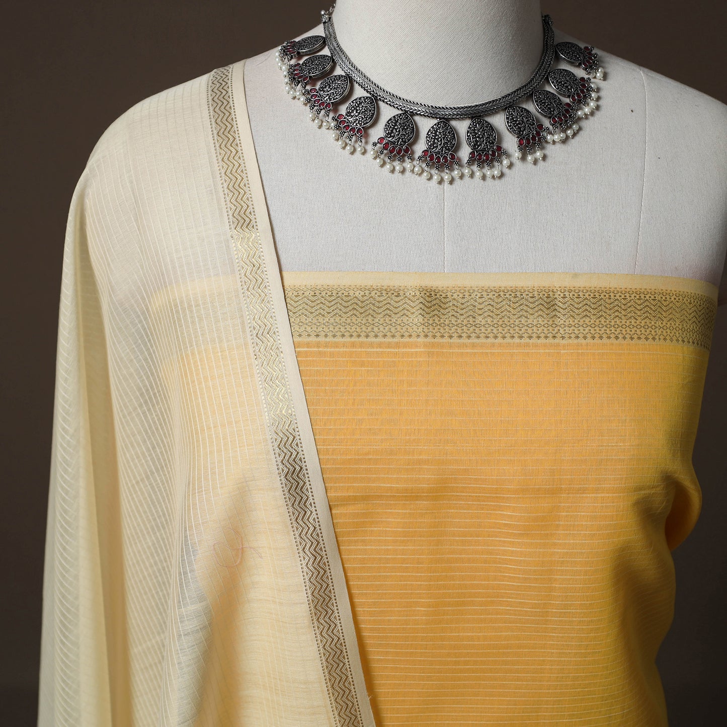 Yellow - 2pc Handloom Maheshwari Silk Unstitched Dress Material Kurta Set 10