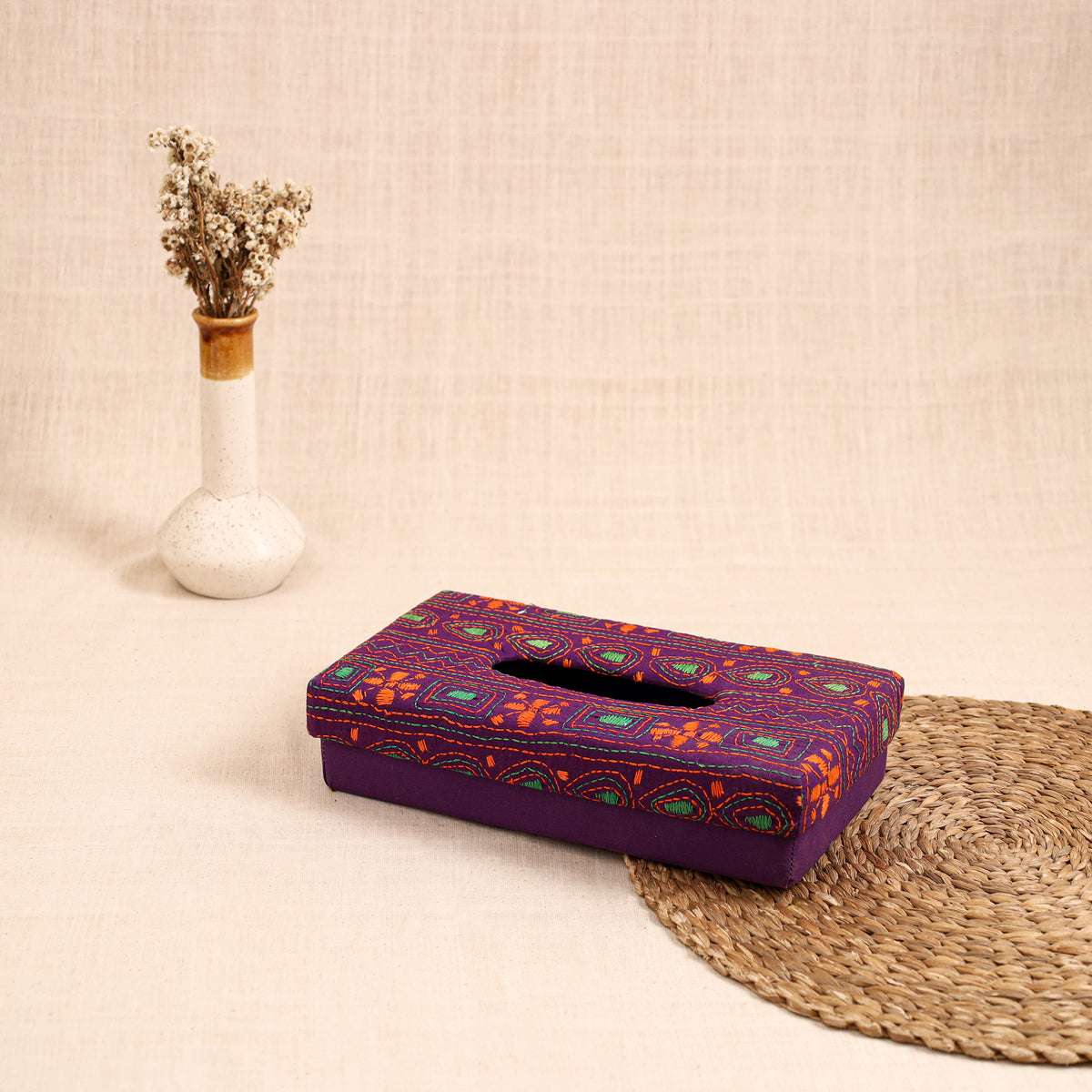 Purple - handcrafted bengal kantha work tissue box 27