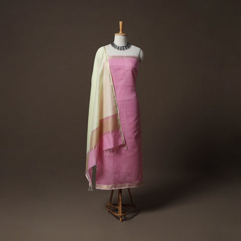 Pink - 2pc Handloom Maheshwari Silk Unstitched Dress Material Kurta Set 11