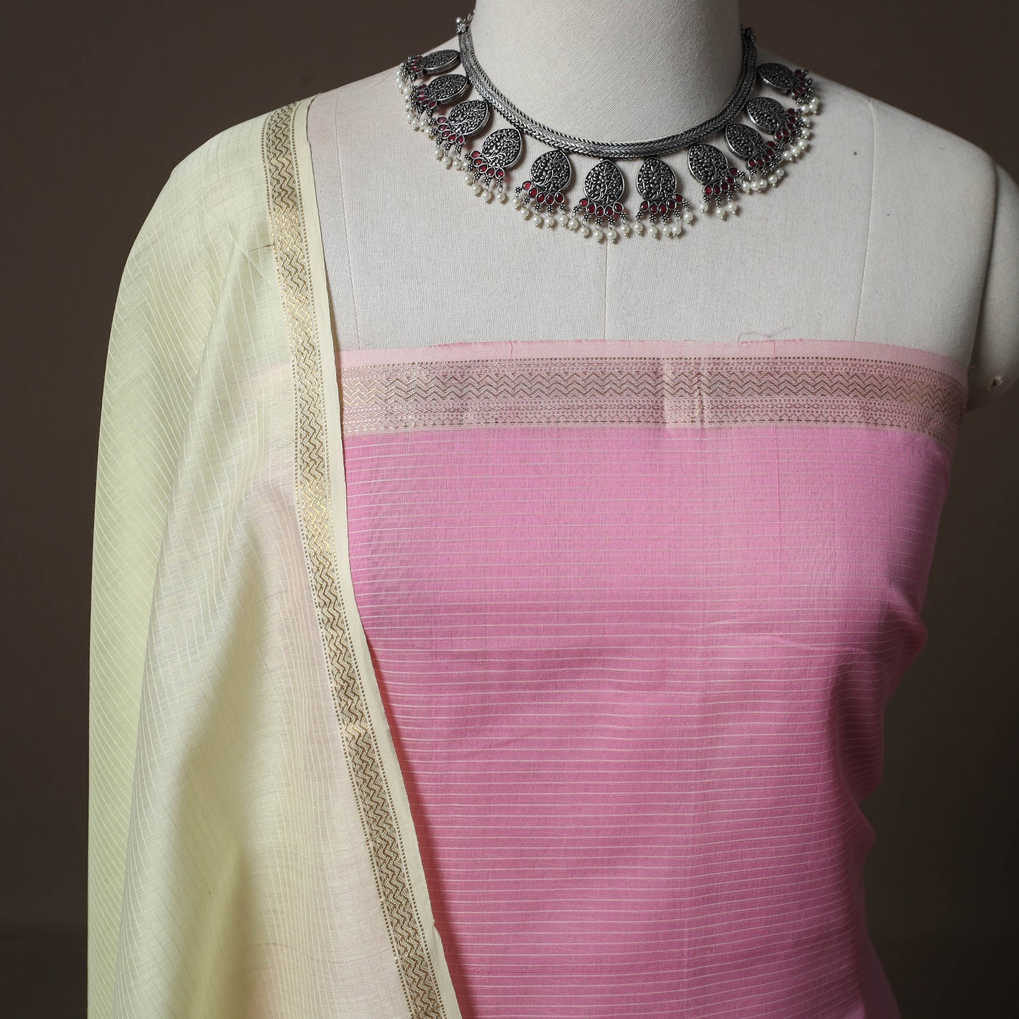 Pink - 2pc Handloom Maheshwari Silk Unstitched Dress Material Kurta Set 11