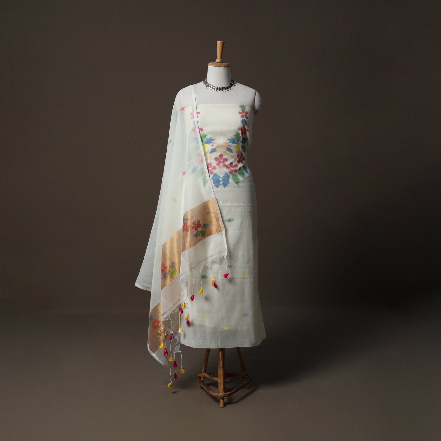 Handwoven Phulia Jamdani Muslin Silk 2pc Unstitched Dress Material Kurta Set 55