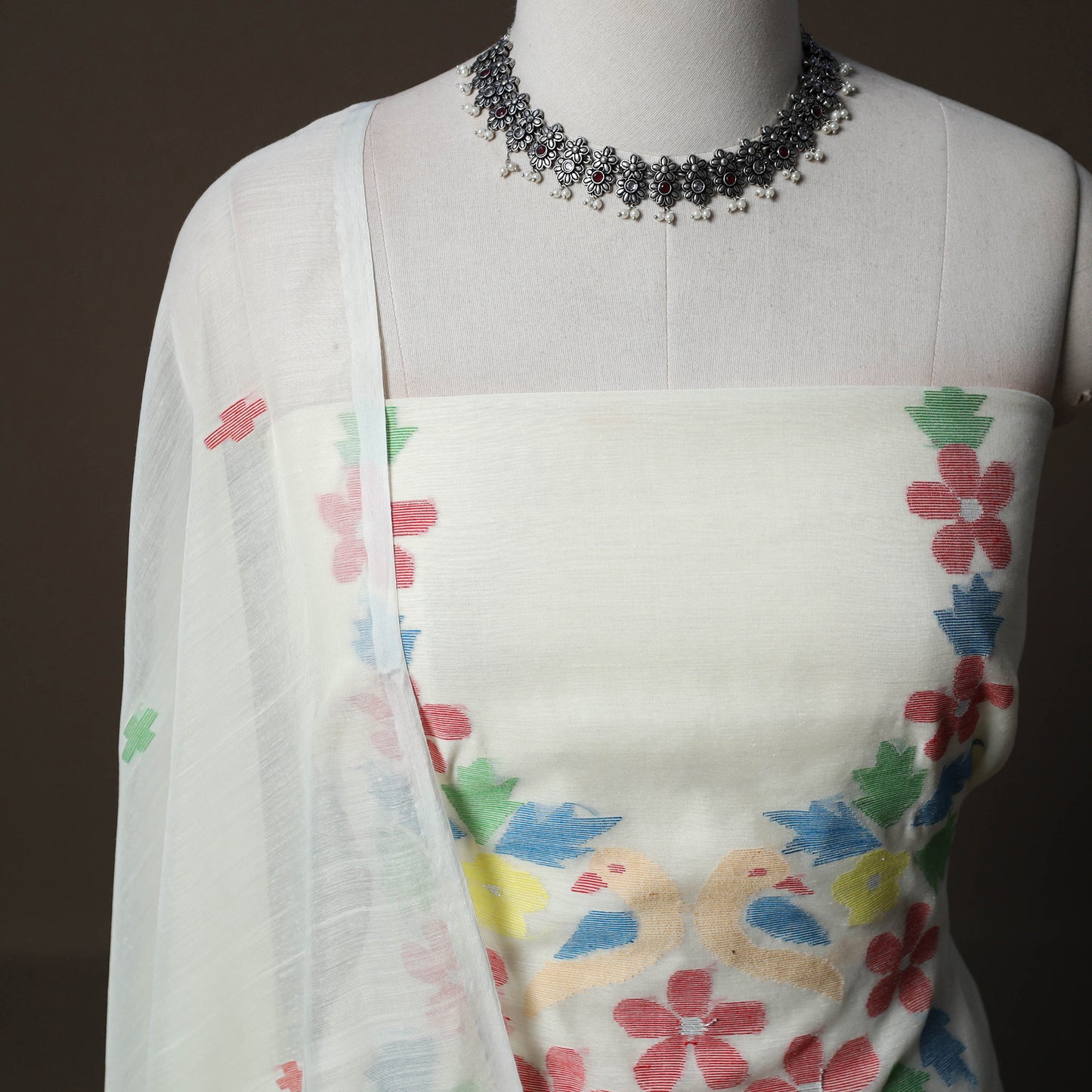 Handwoven Phulia Jamdani Muslin Silk 2pc Unstitched Dress Material Kurta Set 55