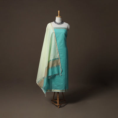 Blue - 2pc Handloom Maheshwari Silk Unstitched Dress Material Kurta Set 12