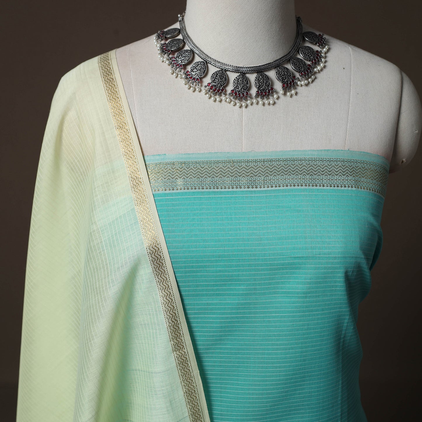 Blue - 2pc Handloom Maheshwari Silk Unstitched Dress Material Kurta Set 12