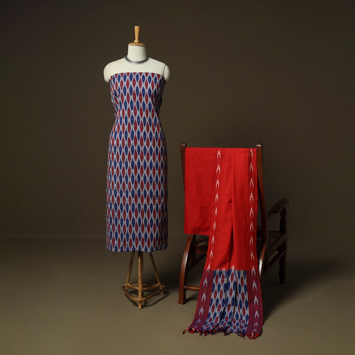 Multicolor - Pochampally Ikat Weave 3pc Cotton Unstitched Dress Material Suit Set 27
