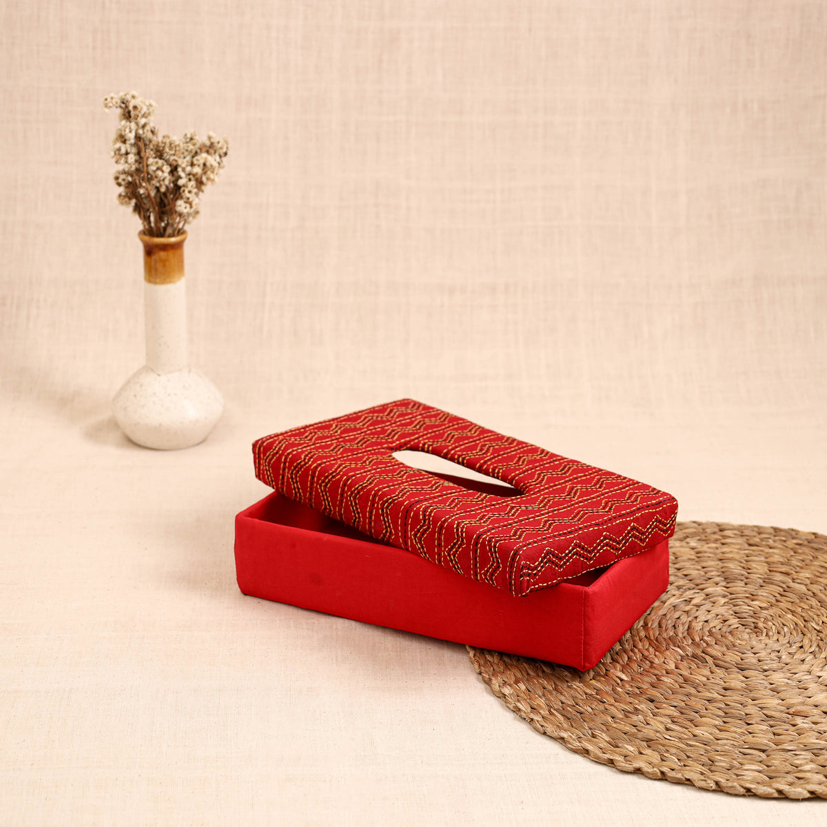 Red - handcrafted bengal kantha work tissue box 25