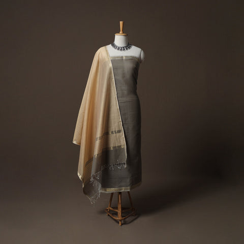 Brown - 2pc Handloom Maheshwari Silk Unstitched Dress Material Kurta Set 13