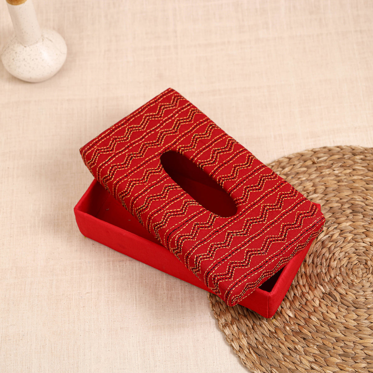 Red - handcrafted bengal kantha work tissue box 25