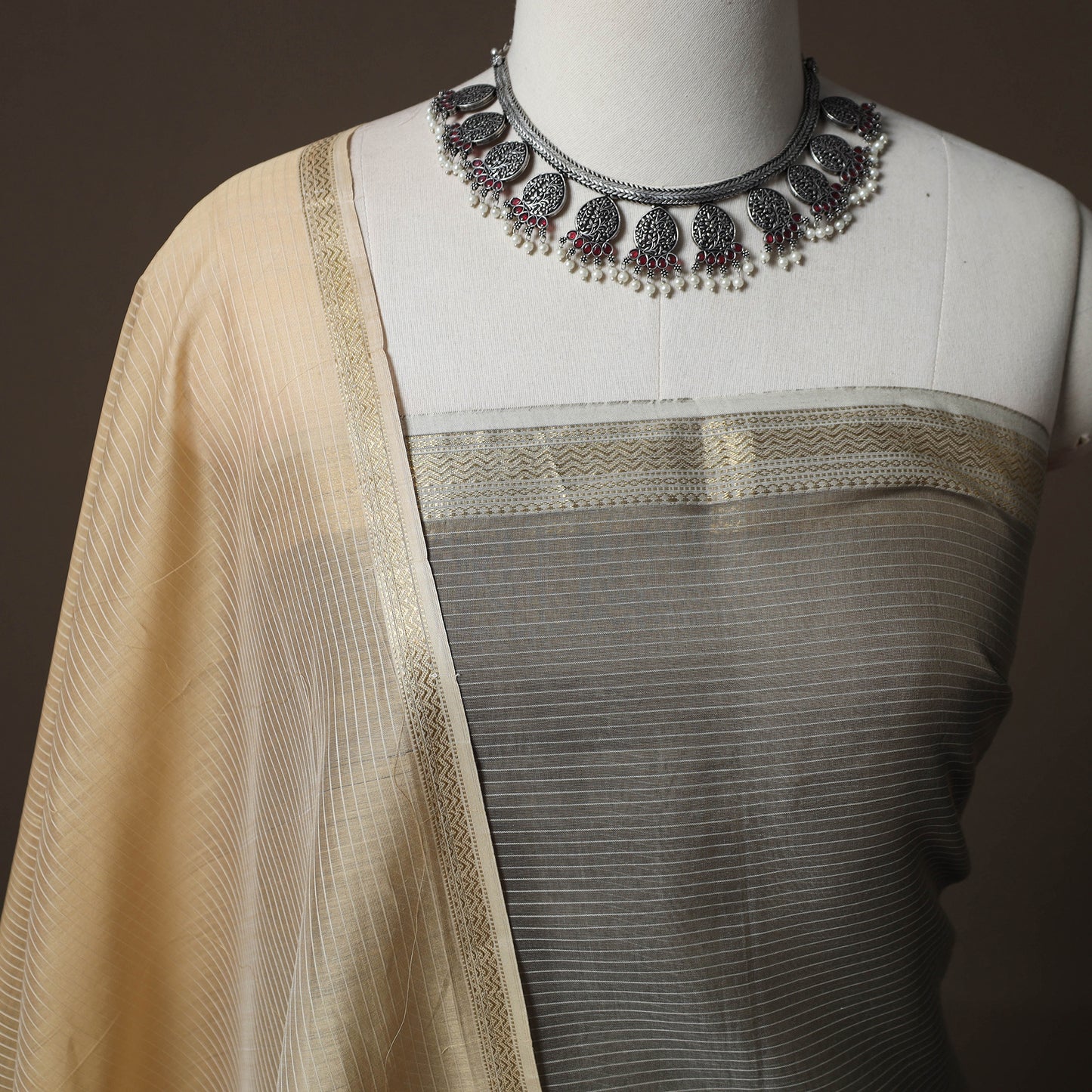 Brown - 2pc Handloom Maheshwari Silk Unstitched Dress Material Kurta Set 13