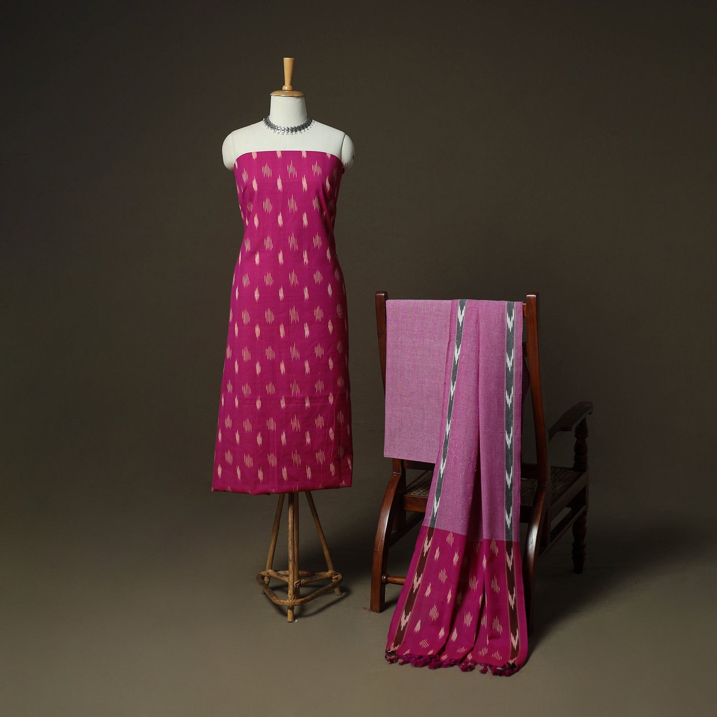 Pink - Pochampally Ikat Weave 3pc Cotton Unstitched Dress Material Suit Set 28