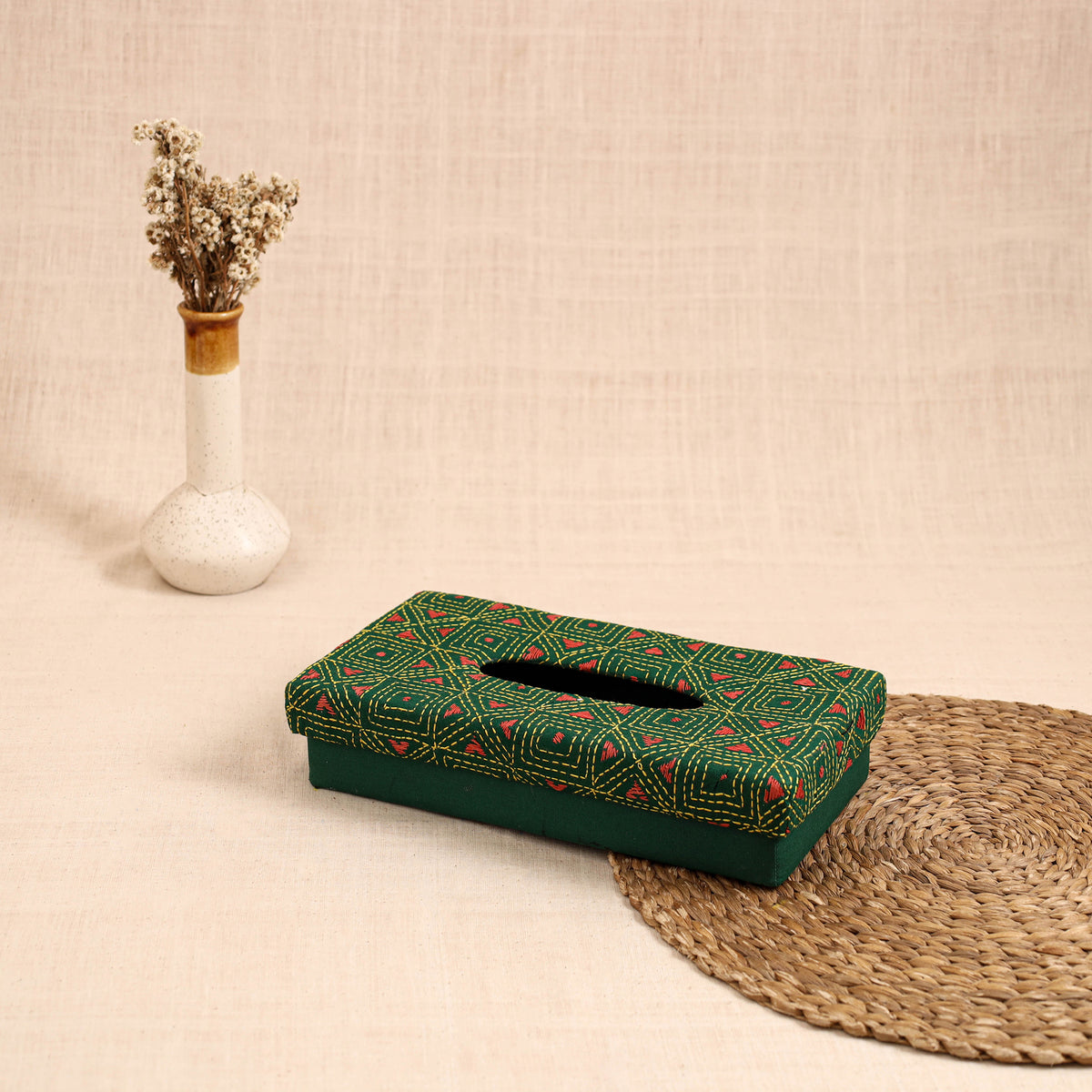 Green - handcrafted bengal kantha work tissue box 22