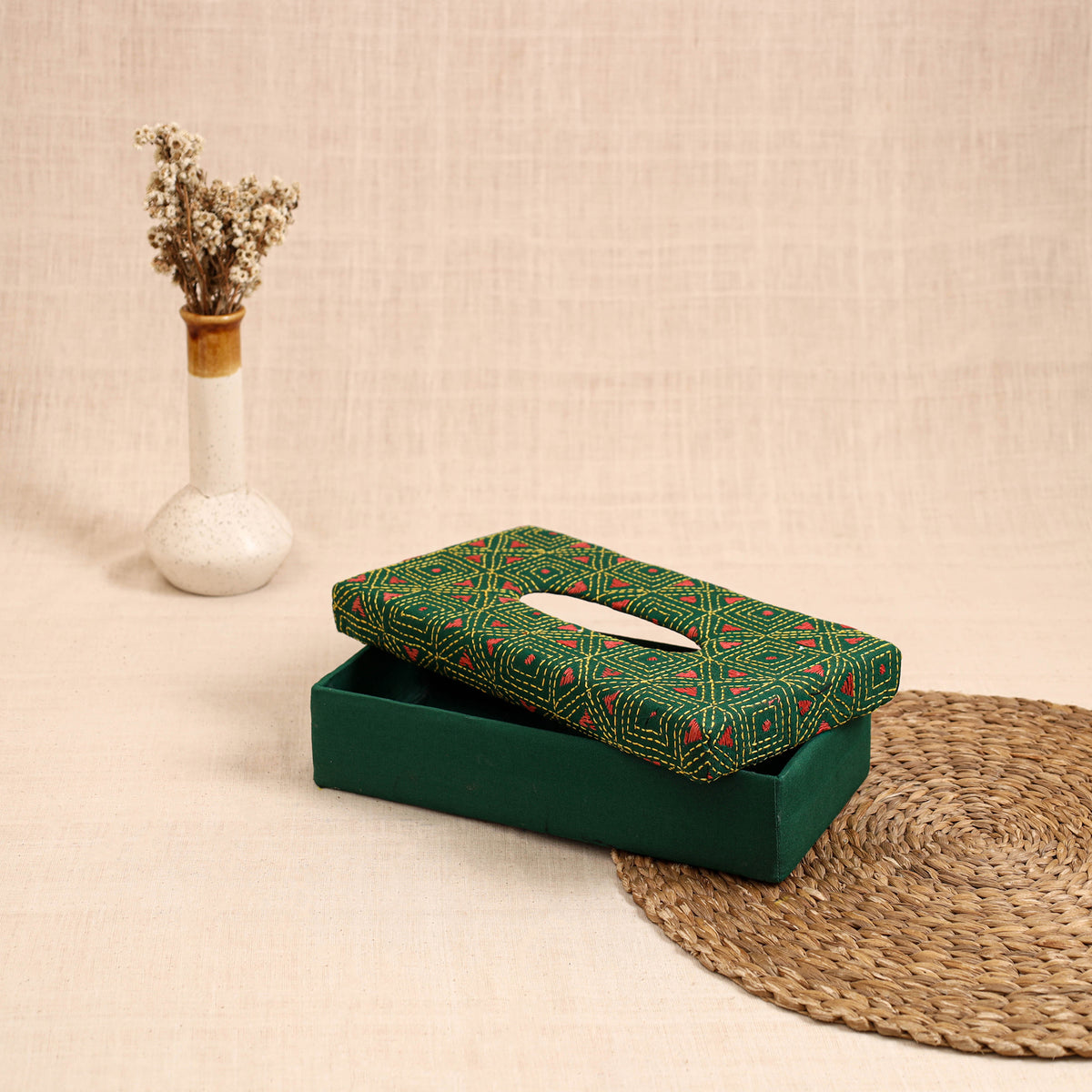 Green - handcrafted bengal kantha work tissue box 22