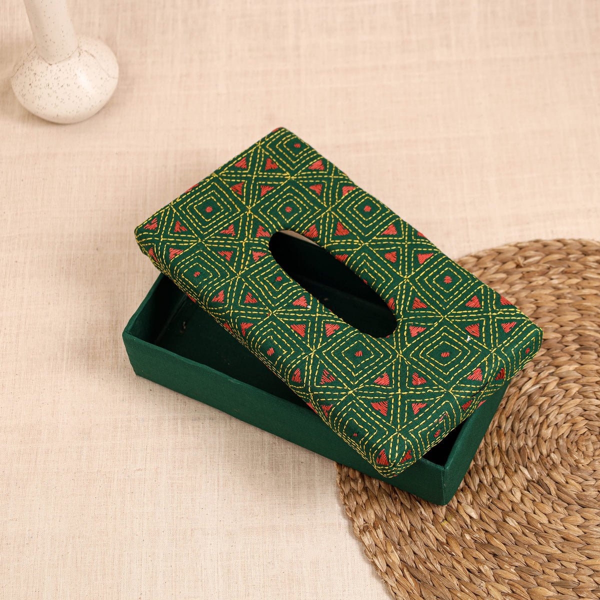 Green - handcrafted bengal kantha work tissue box 22