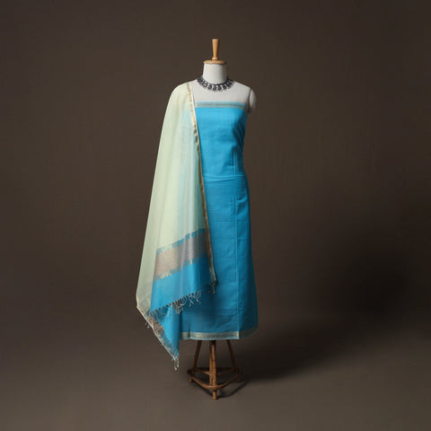 Blue - 2pc Handloom Maheshwari Silk Unstitched Dress Material Kurta Set 14