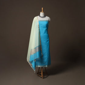 Blue - 2pc Handloom Maheshwari Silk Unstitched Dress Material Kurta Set 14