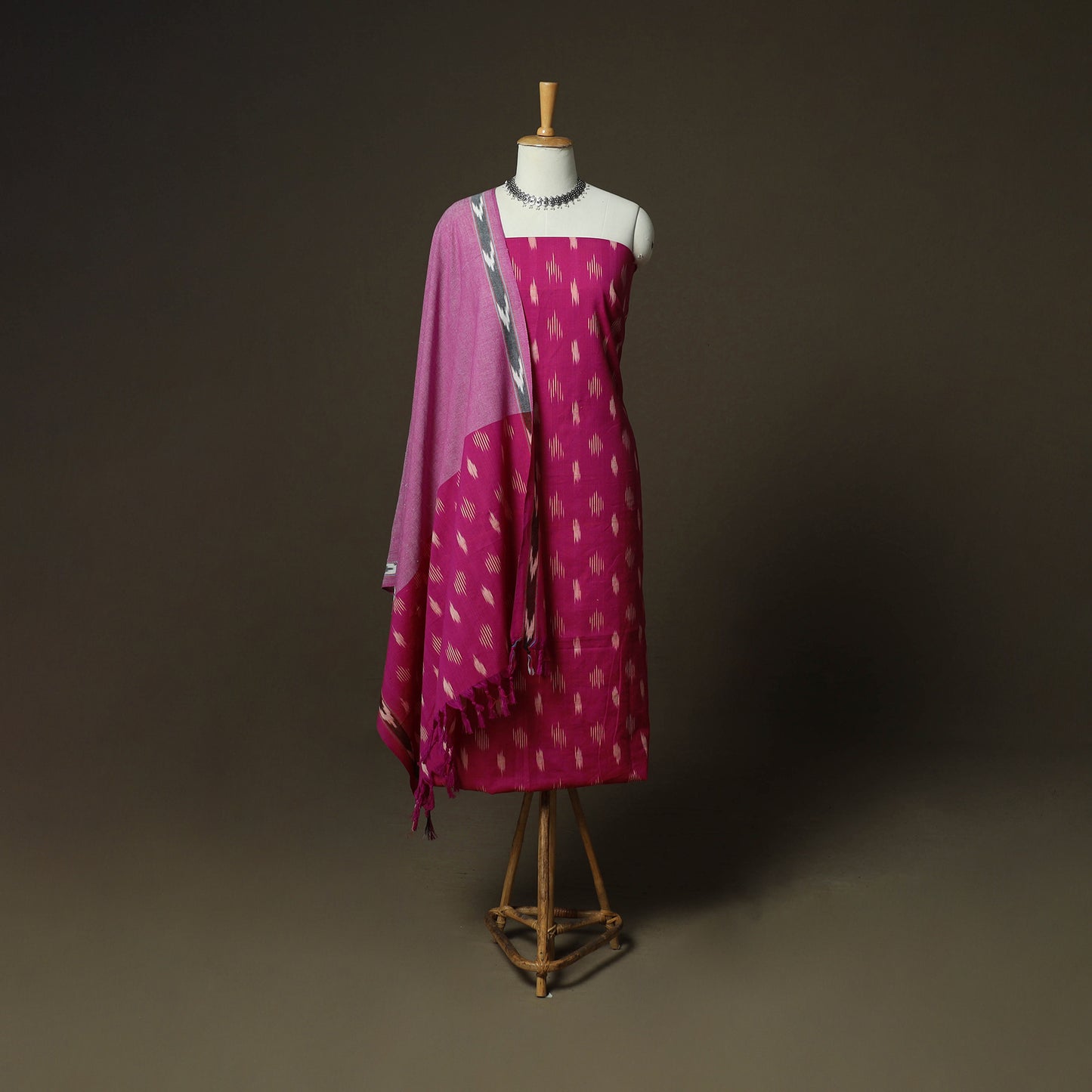 Pink - Pochampally Ikat Weave 3pc Cotton Unstitched Dress Material Suit Set 28