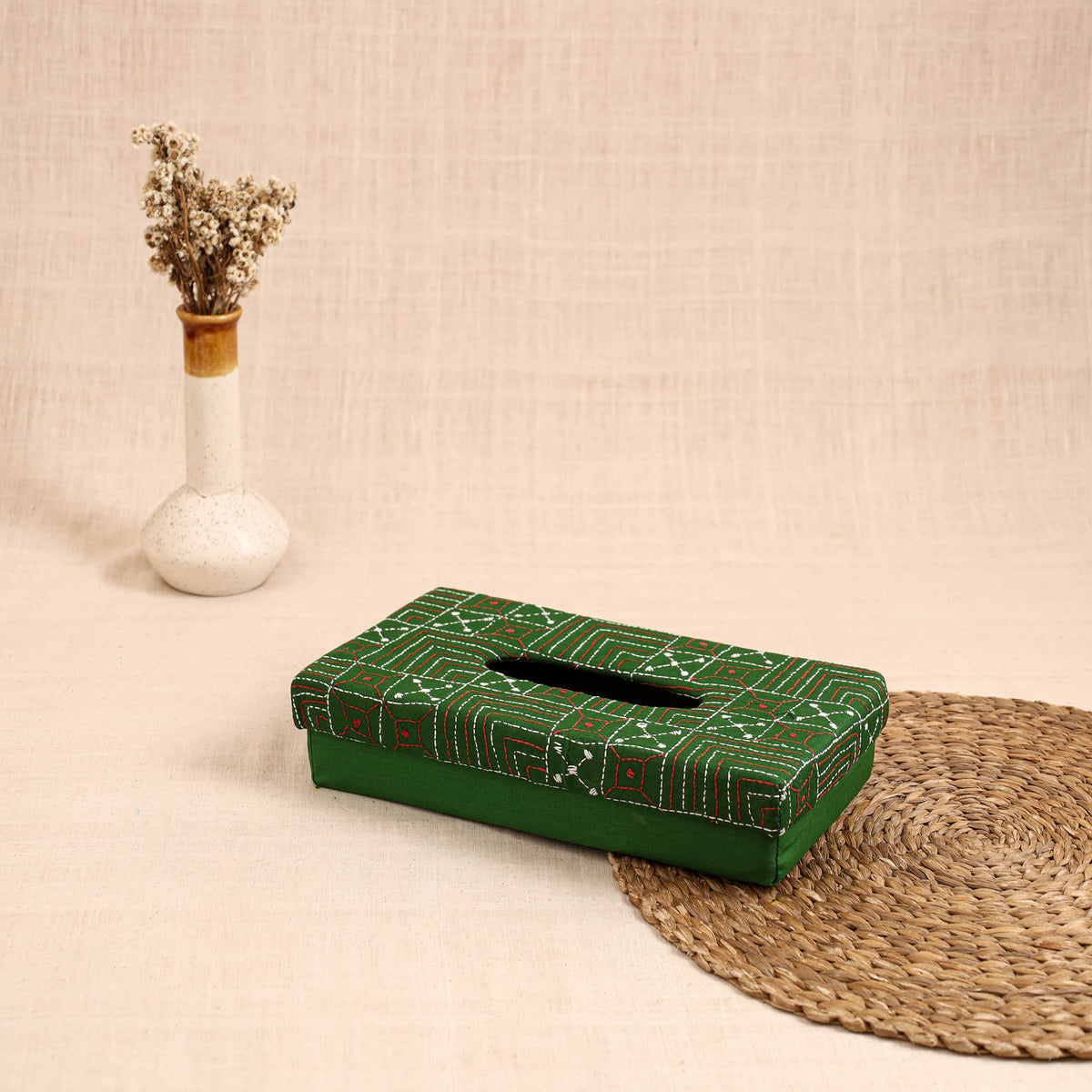 Green - handcrafted bengal kantha work tissue box 15