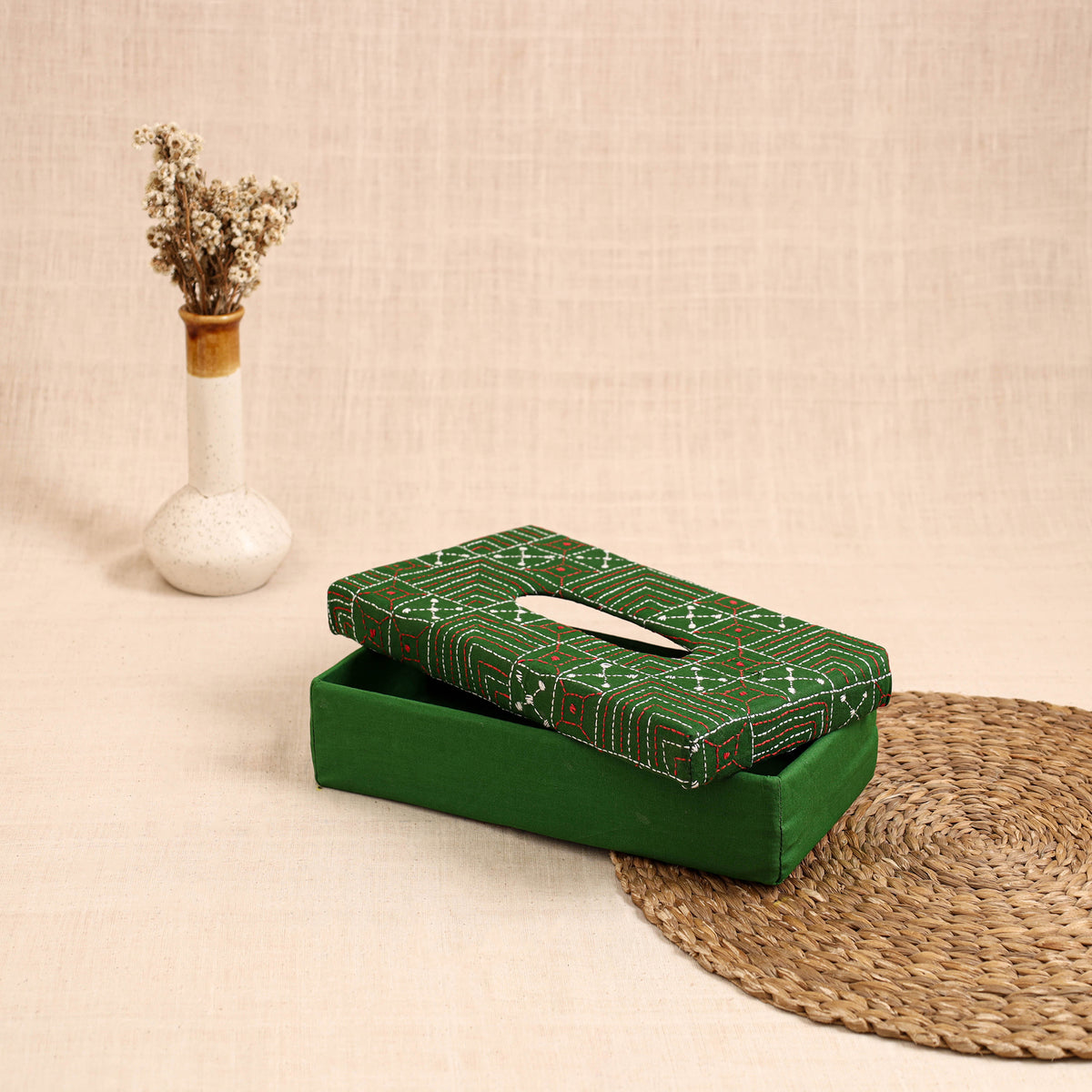 Green - handcrafted bengal kantha work tissue box 15
