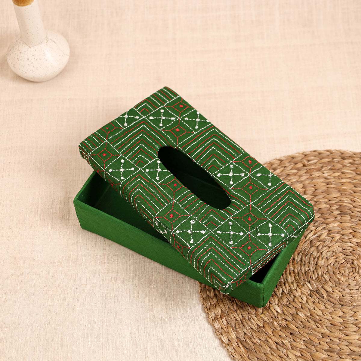Green - handcrafted bengal kantha work tissue box 15