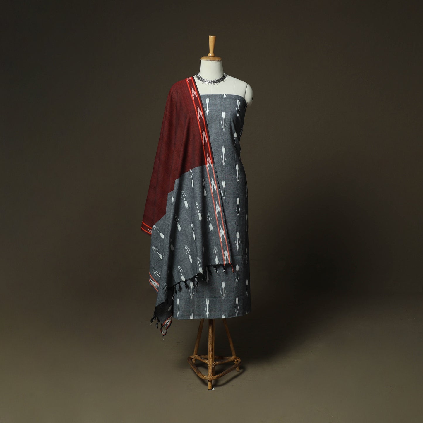Grey - Pochampally Ikat Weave 3pc Cotton Unstitched Dress Material Suit Set 29