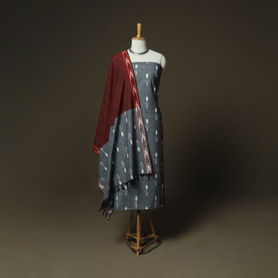 Grey - Pochampally Ikat Weave 3pc Cotton Unstitched Dress Material Suit Set 29