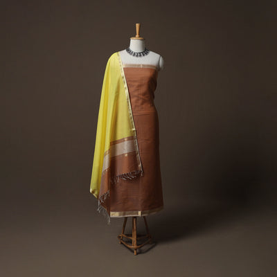 Brown - 2pc Handloom Maheshwari Silk Unstitched Dress Material Kurta Set 15