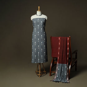 Grey - Pochampally Ikat Weave 3pc Cotton Unstitched Dress Material Suit Set 29