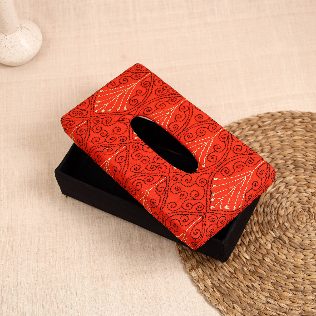 Orange - handcrafted bengal kantha work tissue box 13