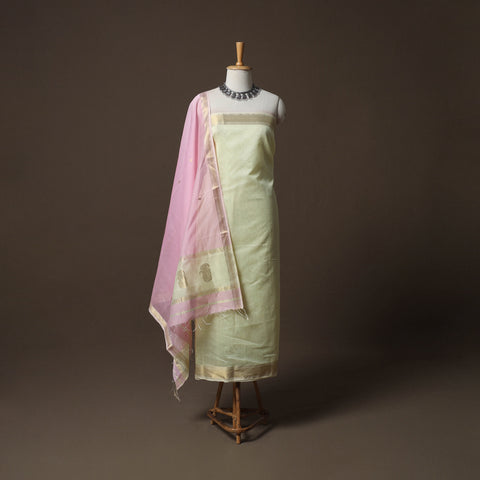 Yellow - 2pc Handloom Maheshwari Silk Unstitched Dress Material Kurta Set with with Zari Border 16