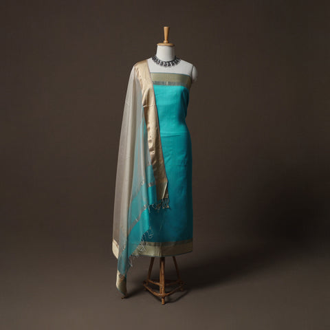 Blue - 2pc Handloom Maheshwari Silk Unstitched Dress Material Kurta Set with Resham Zari Border 17