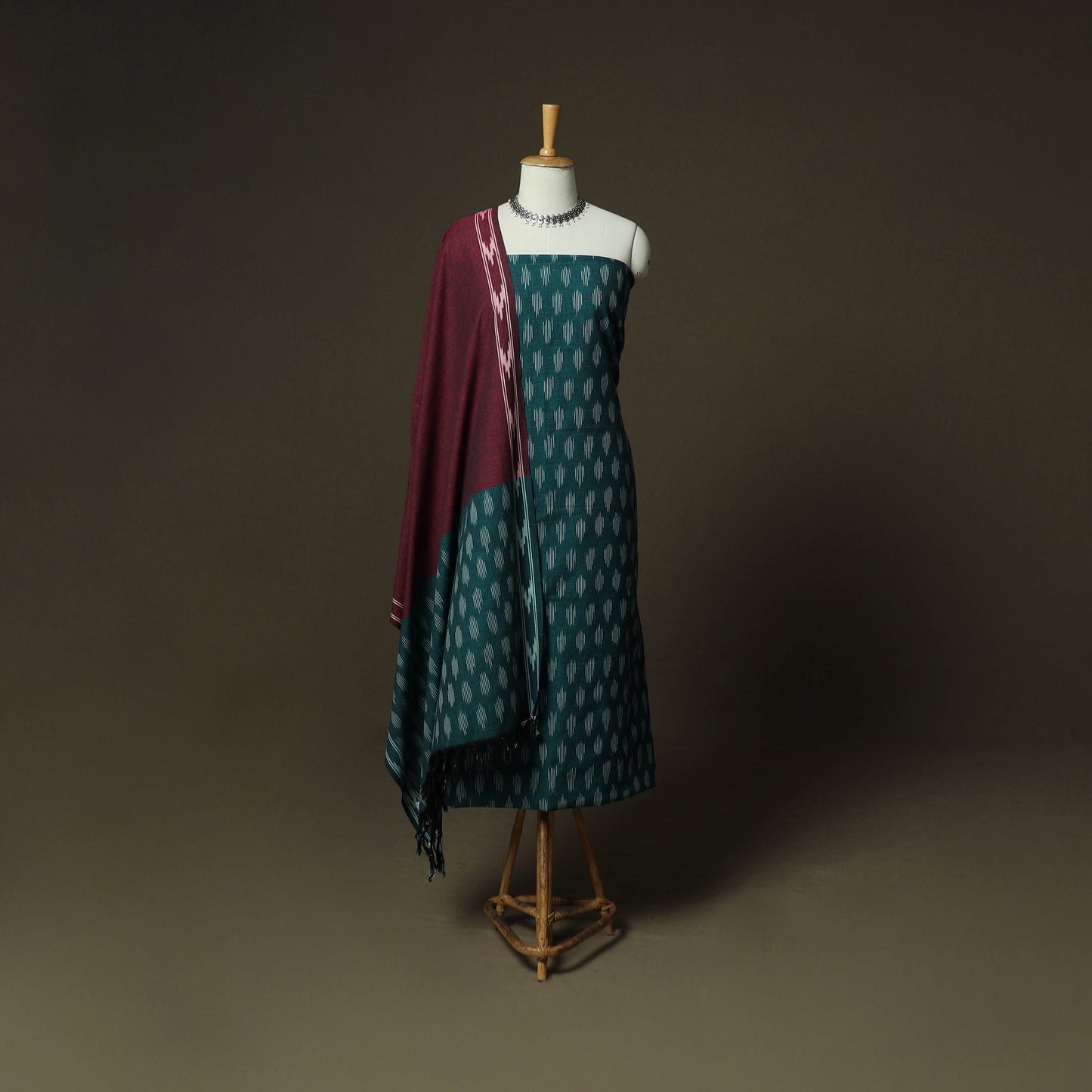 Green - Pochampally Ikat Weave 3pc Cotton Unstitched Dress Material Suit Set 31