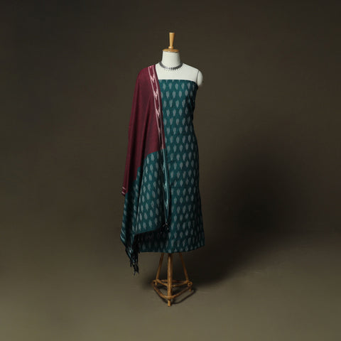 Green - Pochampally Ikat Weave 3pc Cotton Unstitched Dress Material Suit Set 31