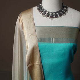 Blue - 2pc Handloom Maheshwari Silk Unstitched Dress Material Kurta Set with Resham Zari Border 17