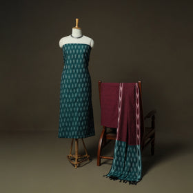 Green - Pochampally Ikat Weave 3pc Cotton Unstitched Dress Material Suit Set 31