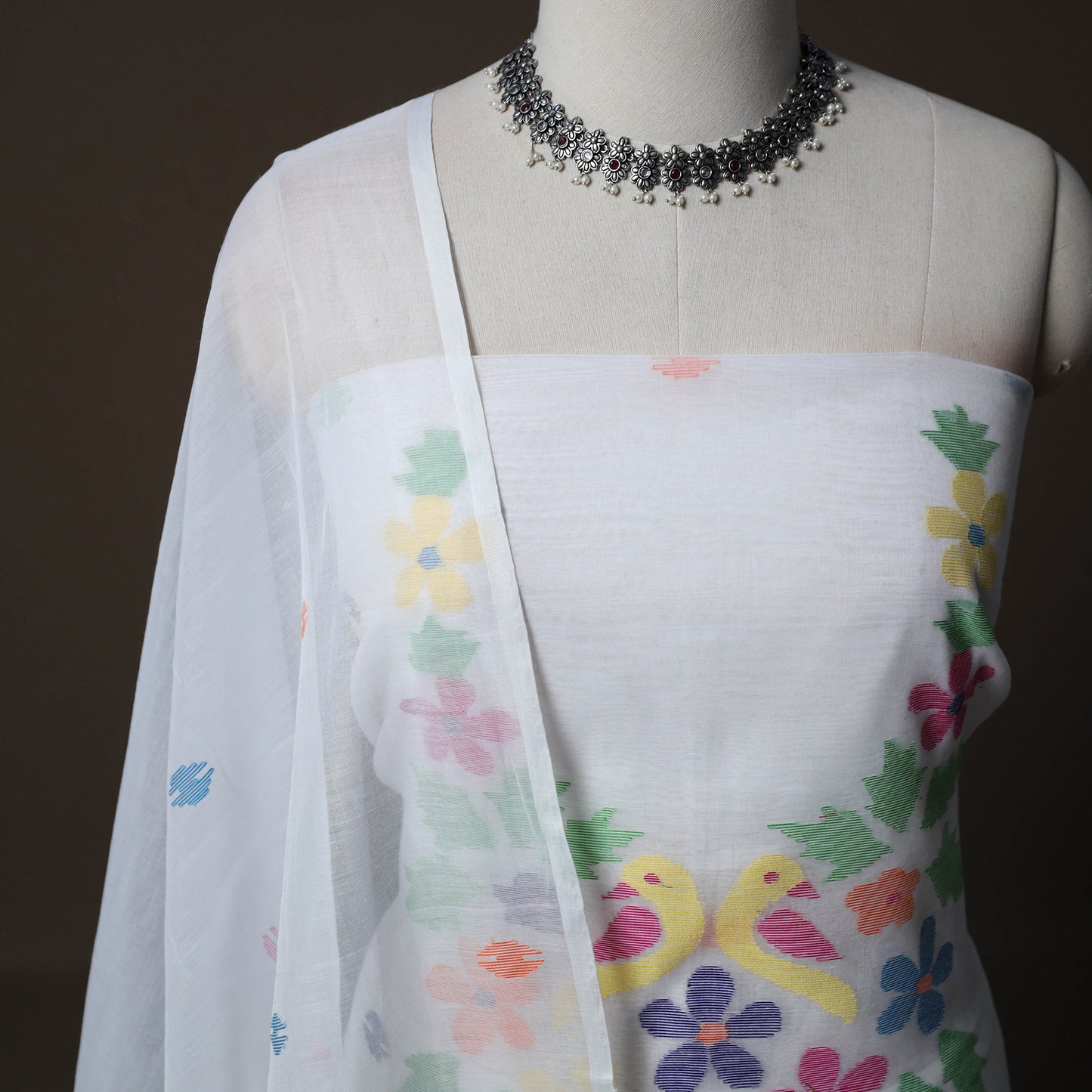 Handwoven Phulia Jamdani Muslin Silk 2pc Unstitched Dress Material Kurta Set 60