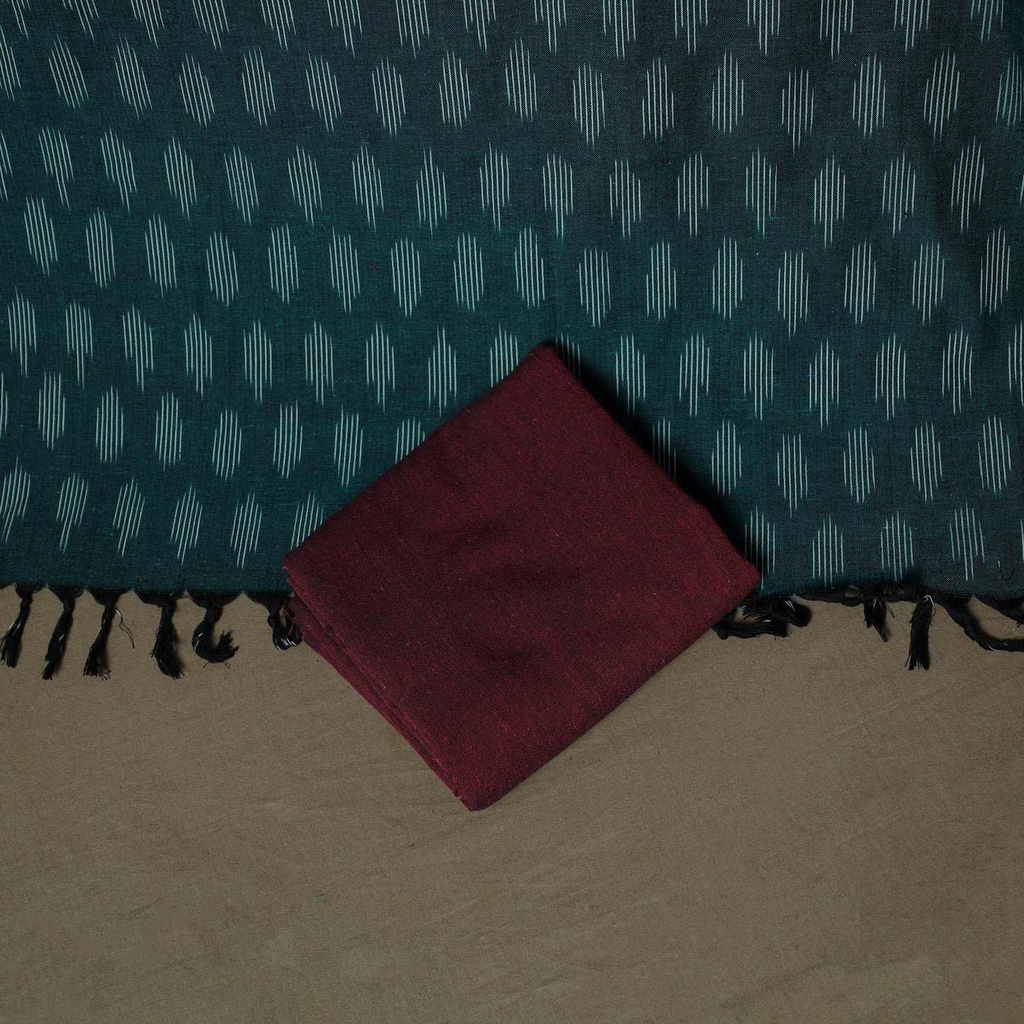 Green - Pochampally Ikat Weave 3pc Cotton Unstitched Dress Material Suit Set 31