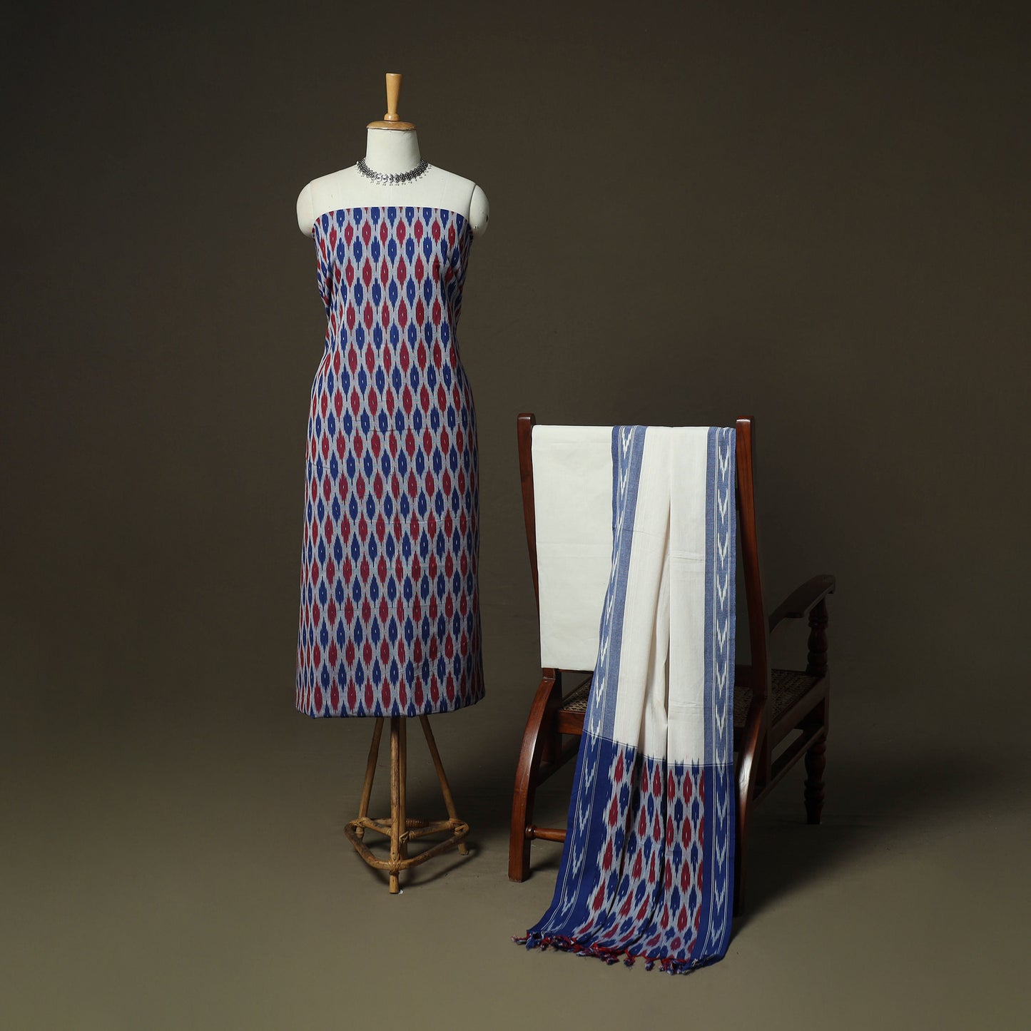 Multicolor - Pochampally Ikat Weave 3pc Cotton Unstitched Dress Material Suit Set 32