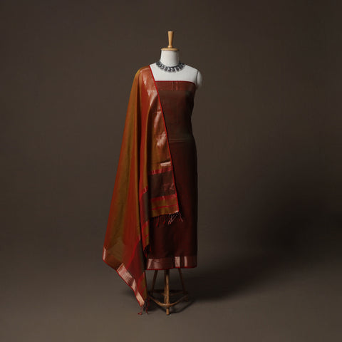 Brown - 2pc Handloom Maheshwari Silk Unstitched Dress Material Kurta Set with Zari Border 18