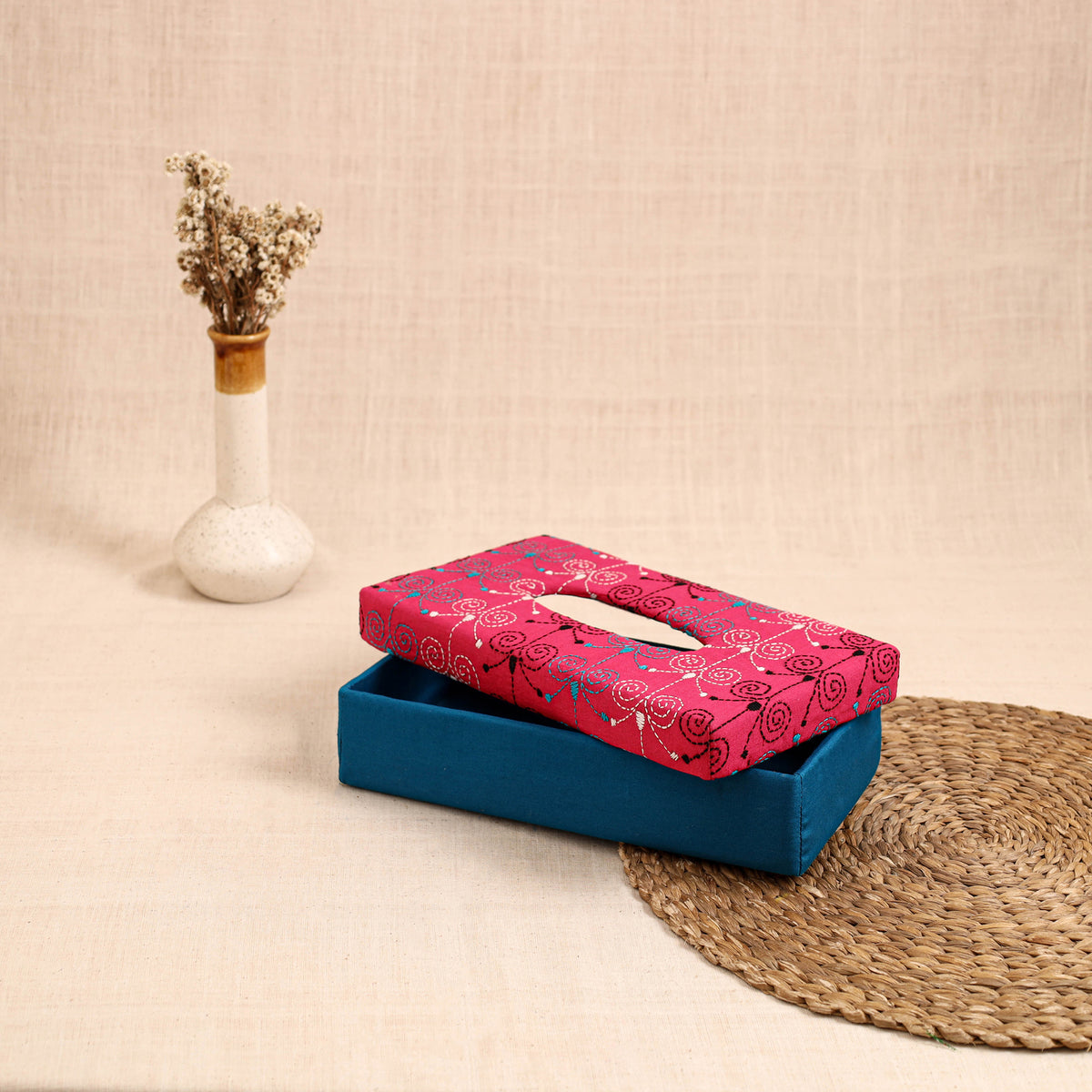 Blue - handcrafted bengal kantha work tissue box 04