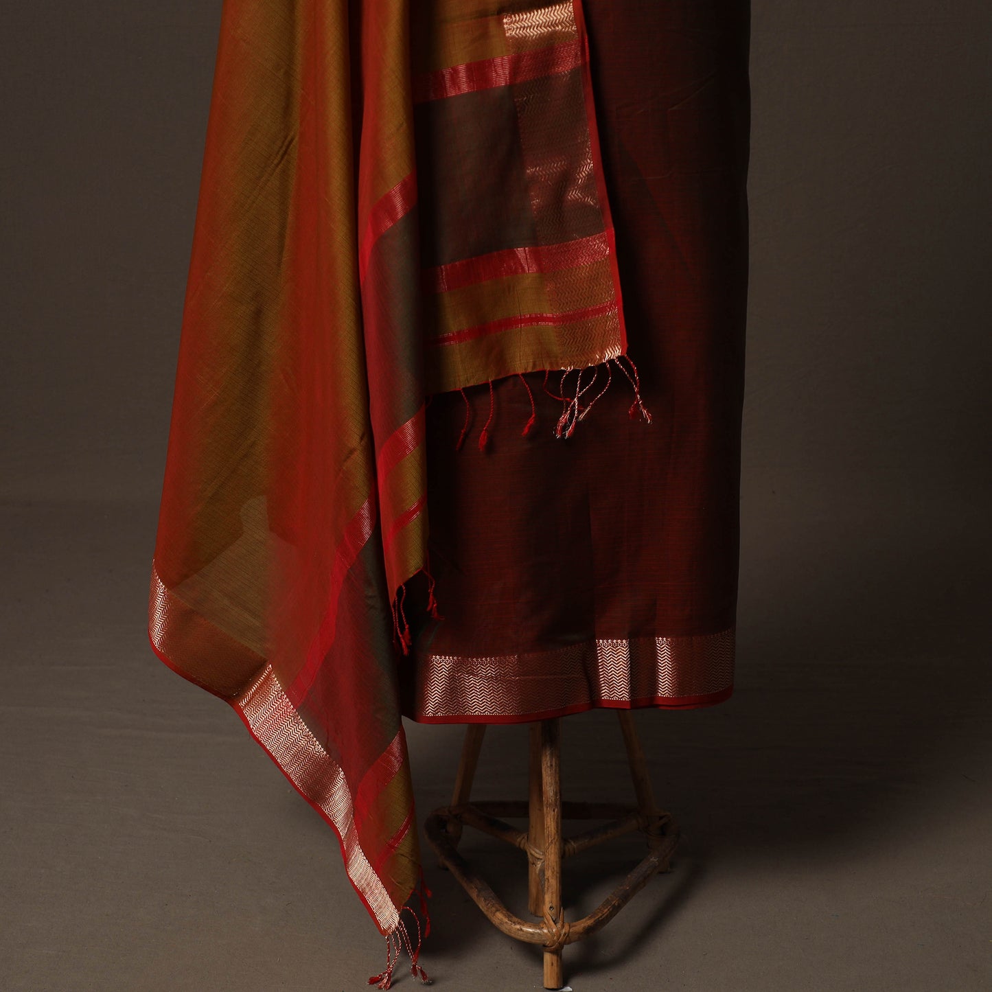Brown - 2pc Handloom Maheshwari Silk Unstitched Dress Material Kurta Set with Zari Border 18