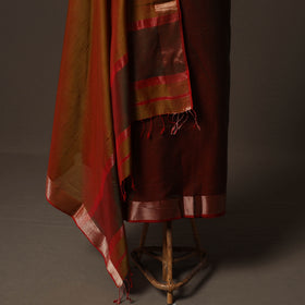 Brown - 2pc Handloom Maheshwari Silk Unstitched Dress Material Kurta Set with Zari Border 18