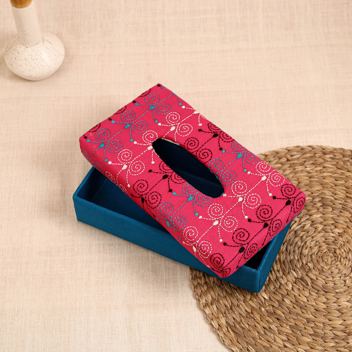Blue - handcrafted bengal kantha work tissue box 04